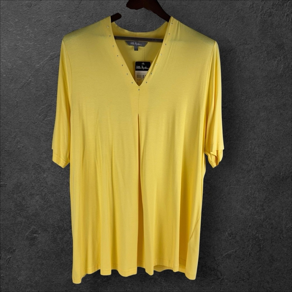 New Ulla Popken Butter Yellow Knit Slightly Flared Top Rhinestone Size 20 22